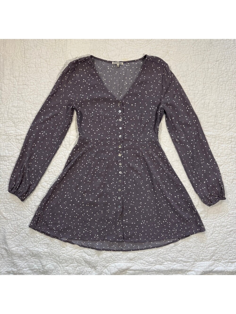 Free People Black Swan Gray and White Polka Dot Button Up Dress Size small